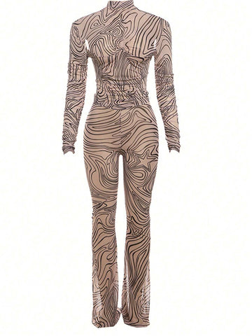 Street-Fashion Personality Line Print Mesh Turtleneck Long Sleeve & Flare Pants Set Street-Fashion Personality Line Print Mesh Turtleneck Long Sleeve & Flare Pants Set