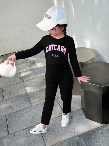 Street Wear Girls' Romper, Young Girl' Black Long Sleeve Casual Slim Fit Jumpsuit,Thin Fleece Fabric, Fashionable Minimalist Style Street Wear Girls' Romper, Young Girl' Black Long Sleeve Casual Slim Fit Jumpsuit,Thin Fleece Fabric, Fashionable Minimalist Style