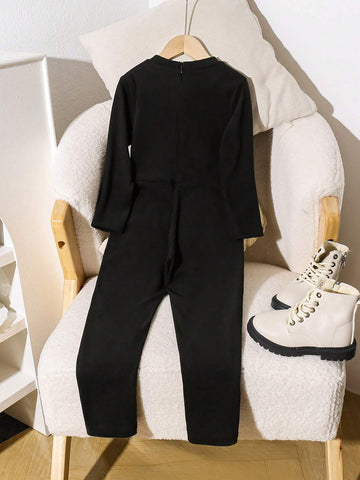 Street Wear Girls' Romper, Young Girl' Black Long Sleeve Casual Slim Fit Jumpsuit,Thin Fleece Fabric, Fashionable Minimalist Style Street Wear Girls' Romper, Young Girl' Black Long Sleeve Casual Slim Fit Jumpsuit,Thin Fleece Fabric, Fashionable Minimalist Style