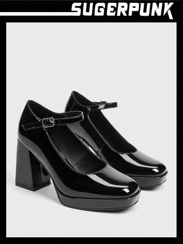 Sugerpunk New Black Lacquered Leather Thick High Heel Platform Mary Jane Shoes, Versatile Fashion Fall Sugerpunk New Black Lacquered Leather Thick High Heel Platform Mary Jane Shoes, Versatile Fashion Fall