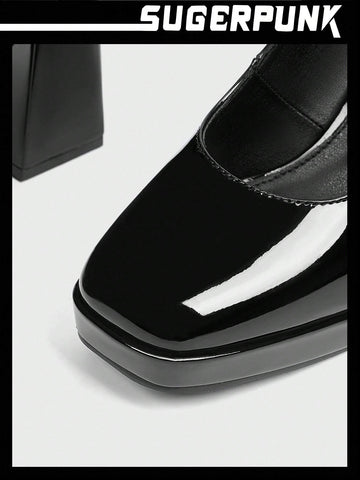 Sugerpunk New Black Lacquered Leather Thick High Heel Platform Mary Jane Shoes, Versatile Fashion Fall Sugerpunk New Black Lacquered Leather Thick High Heel Platform Mary Jane Shoes, Versatile Fashion Fall