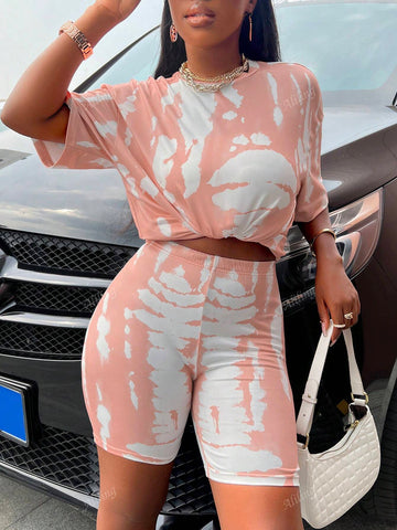 Summer Casual Tie Dye Drop Shoulder Short Sleeve Top And Shorts Set Summer Casual Tie Dye Drop Shoulder Short Sleeve Top And Shorts Set