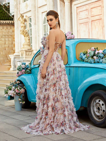 Summer Floral Print Mesh High Slit Strapless Evening Dress Summer Floral Print Mesh High Slit Strapless Evening Dress