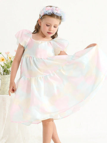Summer New Arrival Dreamlike Colorful Gradient Bubble Sleeve Dress With Chic Square Neckline, Simple Princess Style Summer New Arrival Dreamlike Colorful Gradient Bubble Sleeve Dress With Chic Square Neckline, Simple Princess Style