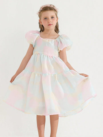Summer New Arrival Dreamlike Colorful Gradient Bubble Sleeve Dress With Chic Square Neckline, Simple Princess Style Summer New Arrival Dreamlike Colorful Gradient Bubble Sleeve Dress With Chic Square Neckline, Simple Princess Style