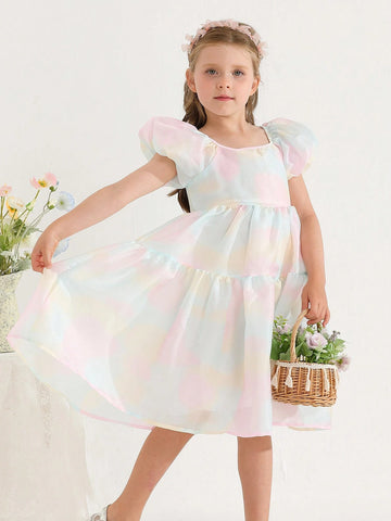 Summer New Arrival Dreamlike Colorful Gradient Bubble Sleeve Dress With Chic Square Neckline, Simple Princess Style Summer New Arrival Dreamlike Colorful Gradient Bubble Sleeve Dress With Chic Square Neckline, Simple Princess Style