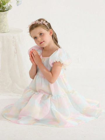 Summer New Arrival Dreamlike Colorful Gradient Bubble Sleeve Dress With Chic Square Neckline, Simple Princess Style Summer New Arrival Dreamlike Colorful Gradient Bubble Sleeve Dress With Chic Square Neckline, Simple Princess Style