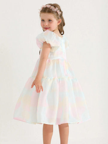 Summer New Arrival Dreamlike Colorful Gradient Bubble Sleeve Dress With Chic Square Neckline, Simple Princess Style Summer New Arrival Dreamlike Colorful Gradient Bubble Sleeve Dress With Chic Square Neckline, Simple Princess Style