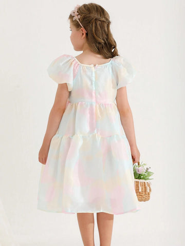 Summer New Arrival Dreamlike Colorful Gradient Bubble Sleeve Dress With Chic Square Neckline, Simple Princess Style Summer New Arrival Dreamlike Colorful Gradient Bubble Sleeve Dress With Chic Square Neckline, Simple Princess Style