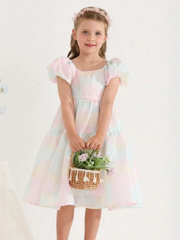 Summer New Arrival Dreamlike Colorful Gradient Bubble Sleeve Dress With Chic Square Neckline, Simple Princess Style Summer New Arrival Dreamlike Colorful Gradient Bubble Sleeve Dress With Chic Square Neckline, Simple Princess Style