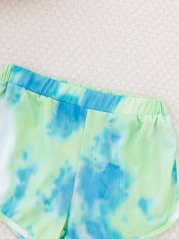 Summer Sleeveless Tie-Dye Shoulder-Baring Top And Shorts Set For Girls, Blue-Green Summer Sleeveless Tie-Dye Shoulder-Baring Top And Shorts Set For Girls, Blue-Green