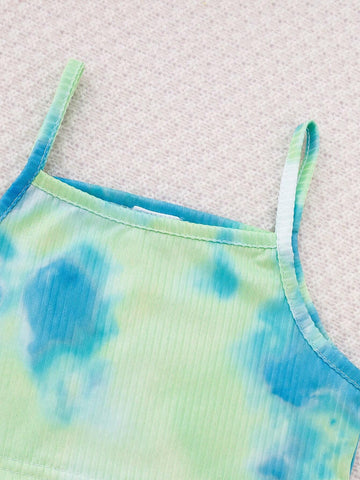 Summer Sleeveless Tie-Dye Shoulder-Baring Top And Shorts Set For Girls, Blue-Green Summer Sleeveless Tie-Dye Shoulder-Baring Top And Shorts Set For Girls, Blue-Green