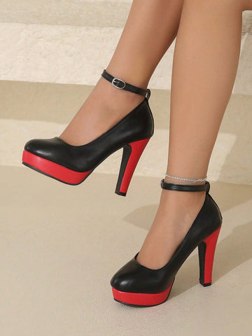 Super High Heel Solid Color Patchwork One-Buckle Strap Elevated Platform Closed Toe Super High Heel Solid Color Patchwork One-Buckle Strap Elevated Platform Closed Toe