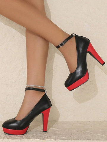 Super High Heel Solid Color Patchwork One-Buckle Strap Elevated Platform Closed Toe Super High Heel Solid Color Patchwork One-Buckle Strap Elevated Platform Closed Toe