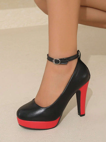 Super High Heel Solid Color Patchwork One-Buckle Strap Elevated Platform Closed Toe Super High Heel Solid Color Patchwork One-Buckle Strap Elevated Platform Closed Toe
