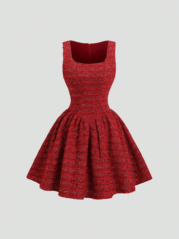 Sweetra French Retro Sweet Heiress Style Tweed Cinched Waist A-Line Puff Dress, Short Skirt Length For Women, Autumn/Winter Sweetra French Retro Sweet Heiress Style Tweed Cinched Waist A-Line Puff Dress, Short Skirt Length For Women, Autumn/Winter
