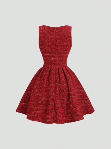 Sweetra French Retro Sweet Heiress Style Tweed Cinched Waist A-Line Puff Dress, Short Skirt Length For Women, Autumn/Winter Sweetra French Retro Sweet Heiress Style Tweed Cinched Waist A-Line Puff Dress, Short Skirt Length For Women, Autumn/Winter