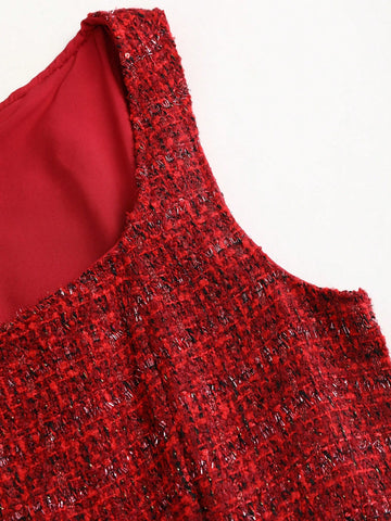 Sweetra French Retro Sweet Heiress Style Tweed Cinched Waist A-Line Puff Dress, Short Skirt Length For Women, Autumn/Winter Sweetra French Retro Sweet Heiress Style Tweed Cinched Waist A-Line Puff Dress, Short Skirt Length For Women, Autumn/Winter