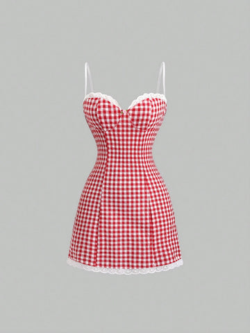 Sweetra Plaid Print Lace Trim Spaghetti Strap Waisted Dress Sweetra Plaid Print Lace Trim Spaghetti Strap Waisted Dress