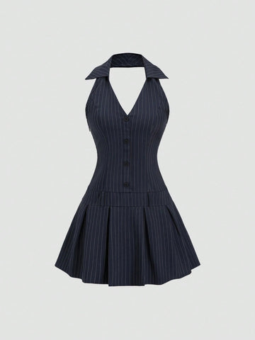 Sweetra Women's Striped Halter Button Design Casual Short Dress Sweetra Women's Striped Halter Button Design Casual Short Dress