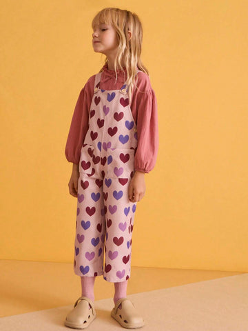 THE HAPPY LOOK Young Girl All-Over Love Pattern Wide Strap Pocket Casual Jumpsuit THE HAPPY LOOK Young Girl All-Over Love Pattern Wide Strap Pocket Casual Jumpsuit