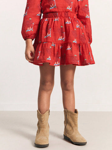 THE HAPPY LOOK Young Girl Sailboat Print Elastic Waistband Ruffle Hem Short Skirt THE HAPPY LOOK Young Girl Sailboat Print Elastic Waistband Ruffle Hem Short Skirt