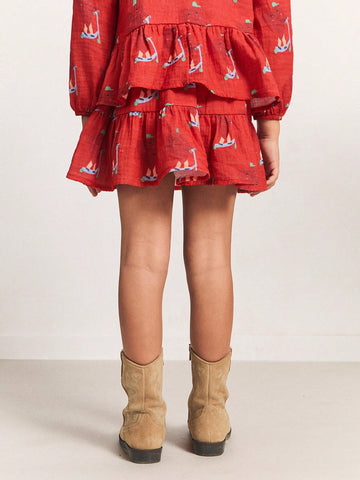 THE HAPPY LOOK Young Girl Sailboat Print Elastic Waistband Ruffle Hem Short Skirt THE HAPPY LOOK Young Girl Sailboat Print Elastic Waistband Ruffle Hem Short Skirt