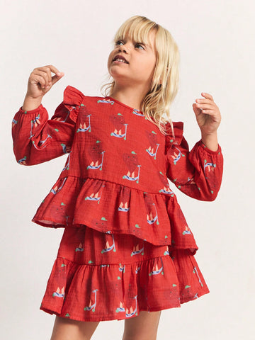 THE HAPPY LOOK Young Girl Sailboat Print Elastic Waistband Ruffle Hem Short Skirt THE HAPPY LOOK Young Girl Sailboat Print Elastic Waistband Ruffle Hem Short Skirt