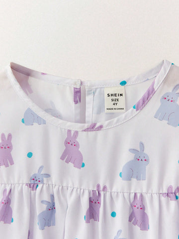 THE HAPPY LOOK Young Girls Cute Rabbit Print Loose Round Neck Lantern Sleeve Dress, Adorable Style For Easter, Vacation THE HAPPY LOOK Young Girls Cute Rabbit Print Loose Round Neck Lantern Sleeve Dress, Adorable Style For Easter, Vacation