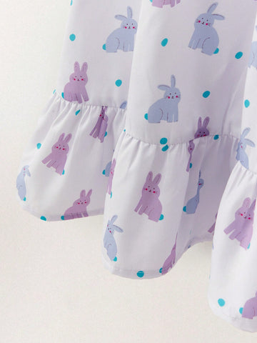 THE HAPPY LOOK Young Girls Cute Rabbit Print Loose Round Neck Lantern Sleeve Dress, Adorable Style For Easter, Vacation THE HAPPY LOOK Young Girls Cute Rabbit Print Loose Round Neck Lantern Sleeve Dress, Adorable Style For Easter, Vacation