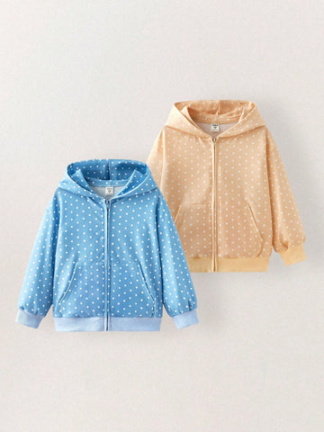 THE HAPPY LOOK Young Girl's Polka Dot Print Long Sleeve Zip Up Hooded Sweatshirt And Casual 2-Piece Set, Autumn/Winter THE HAPPY LOOK Young Girl's Polka Dot Print Long Sleeve Zip Up Hooded Sweatshirt And Casual 2-Piece Set, Autumn/Winter