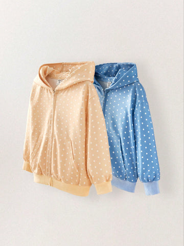 THE HAPPY LOOK Young Girl's Polka Dot Print Long Sleeve Zip Up Hooded Sweatshirt And Casual 2-Piece Set, Autumn/Winter THE HAPPY LOOK Young Girl's Polka Dot Print Long Sleeve Zip Up Hooded Sweatshirt And Casual 2-Piece Set, Autumn/Winter