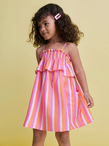 Young Girls' Spaghetti Strap Striped Ruffle Trim Pocket Dress Young Girls' Spaghetti Strap Striped Ruffle Trim Pocket Dress