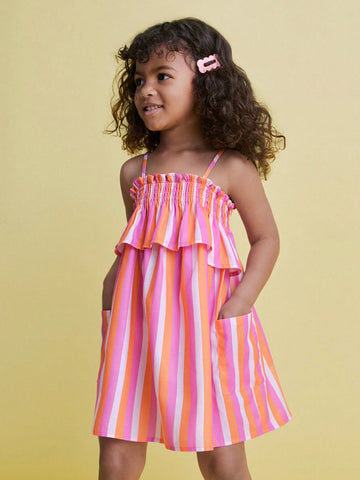 Young Girls' Spaghetti Strap Striped Ruffle Trim Pocket Dress Young Girls' Spaghetti Strap Striped Ruffle Trim Pocket Dress