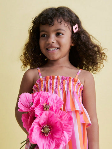 Young Girls' Spaghetti Strap Striped Ruffle Trim Pocket Dress Young Girls' Spaghetti Strap Striped Ruffle Trim Pocket Dress