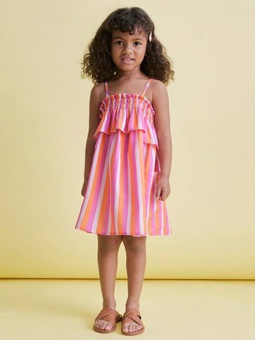 Young Girls' Spaghetti Strap Striped Ruffle Trim Pocket Dress Young Girls' Spaghetti Strap Striped Ruffle Trim Pocket Dress
