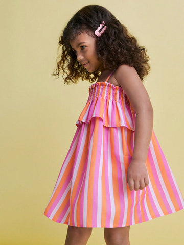 Young Girls' Spaghetti Strap Striped Ruffle Trim Pocket Dress Young Girls' Spaghetti Strap Striped Ruffle Trim Pocket Dress