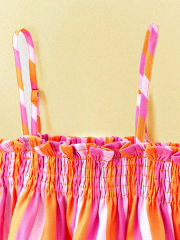 Young Girls' Spaghetti Strap Striped Ruffle Trim Pocket Dress Young Girls' Spaghetti Strap Striped Ruffle Trim Pocket Dress