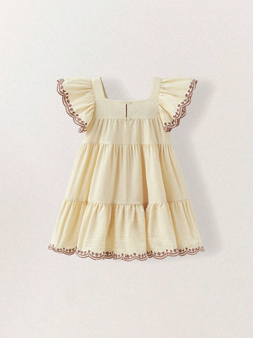 Young Girls' Square Neck Brown Lace Trim Embroidered Sleeve & Hem Beige A-Line Dresses Young Girls' Square Neck Brown Lace Trim Embroidered Sleeve & Hem Beige A-Line Dresses