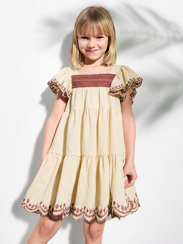 Young Girls' Square Neck Brown Lace Trim Embroidered Sleeve & Hem Beige A-Line Dresses Young Girls' Square Neck Brown Lace Trim Embroidered Sleeve & Hem Beige A-Line Dresses