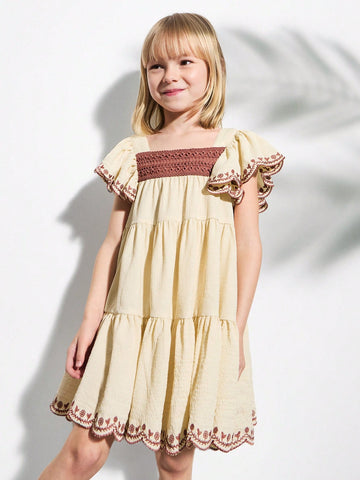 Young Girls' Square Neck Brown Lace Trim Embroidered Sleeve & Hem Beige A-Line Dresses Young Girls' Square Neck Brown Lace Trim Embroidered Sleeve & Hem Beige A-Line Dresses