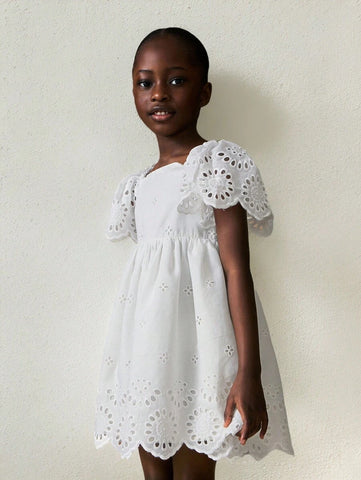 Young Girls' Sweet Ruffle Collar Floral Hollow Out Dresses Young Girls' Sweet Ruffle Collar Floral Hollow Out Dresses