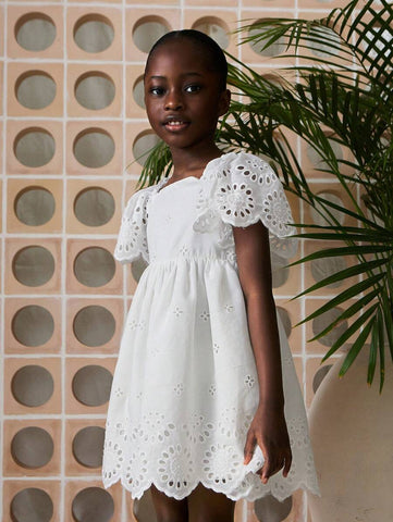 Young Girls' Sweet Ruffle Collar Floral Hollow Out Dresses Young Girls' Sweet Ruffle Collar Floral Hollow Out Dresses