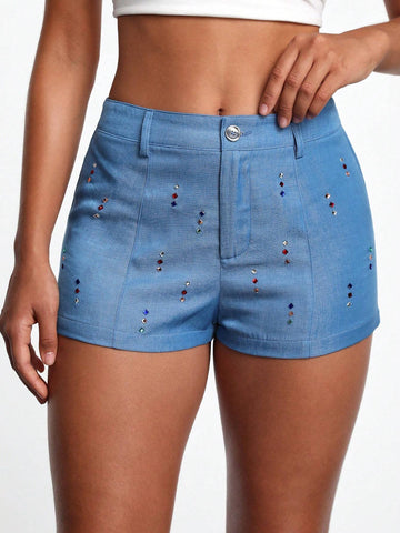 NERVE Denim-Look Printed Rhinestone Embellished Skinny Shorts NERVE Denim-Look Printed Rhinestone Embellished Skinny Shorts