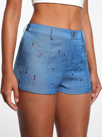 NERVE Denim-Look Printed Rhinestone Embellished Skinny Shorts NERVE Denim-Look Printed Rhinestone Embellished Skinny Shorts