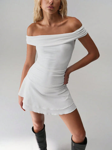 TRNVIE Minimalist Off Shoulder Low-Waist Split Hem Versatile Midi Dress TRNVIE Minimalist Off Shoulder Low-Waist Split Hem Versatile Midi Dress