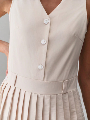 TRNVIE V-Neck Button Casual Pleated Dress TRNVIE V-Neck Button Casual Pleated Dress