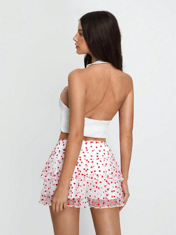 TRNVIE Women's Heart Pattern Mesh Flocked Fabric A-Line Skirt TRNVIE Women's Heart Pattern Mesh Flocked Fabric A-Line Skirt