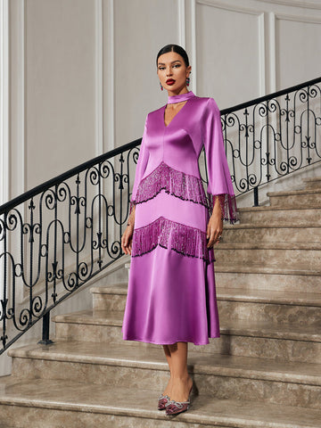 Thandie Glitter Fringe Satin Dress Thandie Glitter Fringe Satin Dress