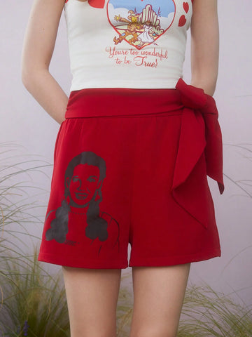 Women's Character Printed Tie Waist Casual Shorts For Summer Women's Character Printed Tie Waist Casual Shorts For Summer